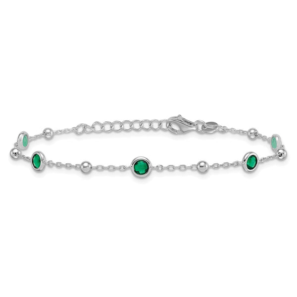 Sterling Silver RH-plated Beaded Green CZ 7in w/1in Ext Bracelet
