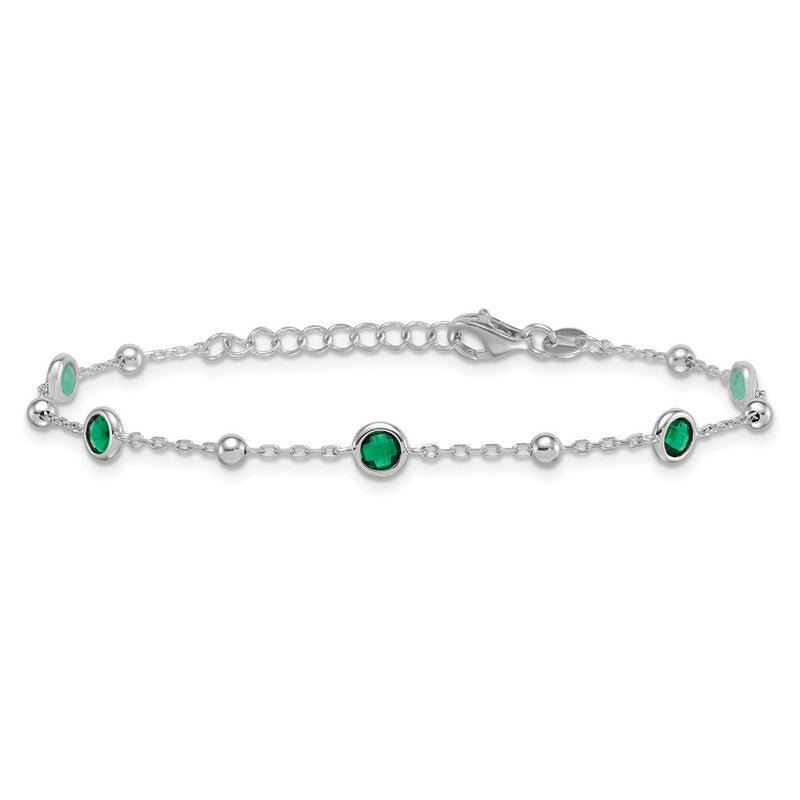 Sterling Silver RH-plated Beaded Green CZ 7in w/1in Ext Bracelet