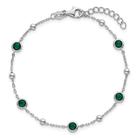 Sterling Silver RH-plated Beaded Green CZ 7in w/1in Ext Bracelet