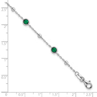 Sterling Silver RH-plated Beaded Green CZ 7in w/1in Ext Bracelet