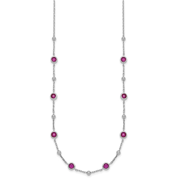 Sterling Silver RH-plated and Beaded Red CZ 16in w/2in Ext Necklace