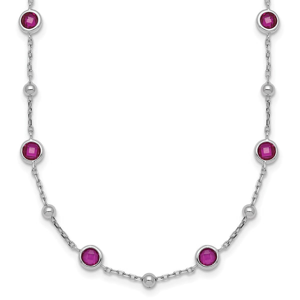 Sterling Silver RH-plated and Beaded Red CZ 16in w/2in Ext Necklace