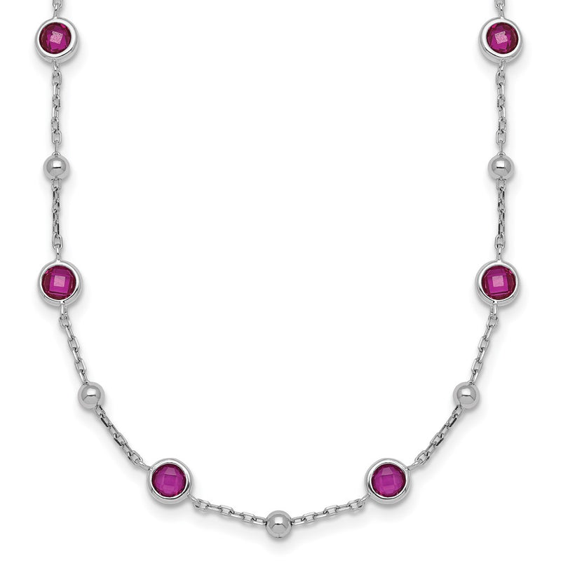Sterling Silver RH-plated and Beaded Red CZ 16in w/2in Ext Necklace