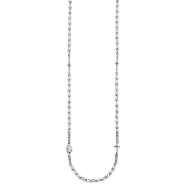 SS Rh-plat Plastic Imitation Pearl 19.75in w/1in ex. Rosary Themed Necklace