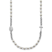 SS Rh-plat Plastic Imitation Pearl 19.75in w/1in ex. Rosary Themed Necklace