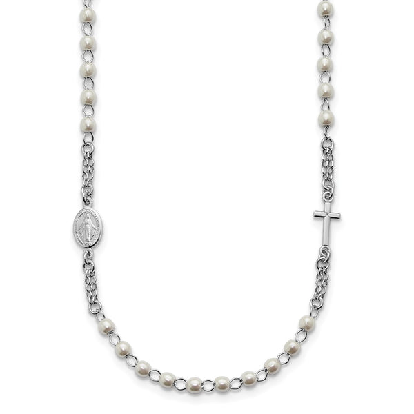 SS Rh-plat Plastic Imitation Pearl 19.75in w/1in ex. Rosary Themed Necklace