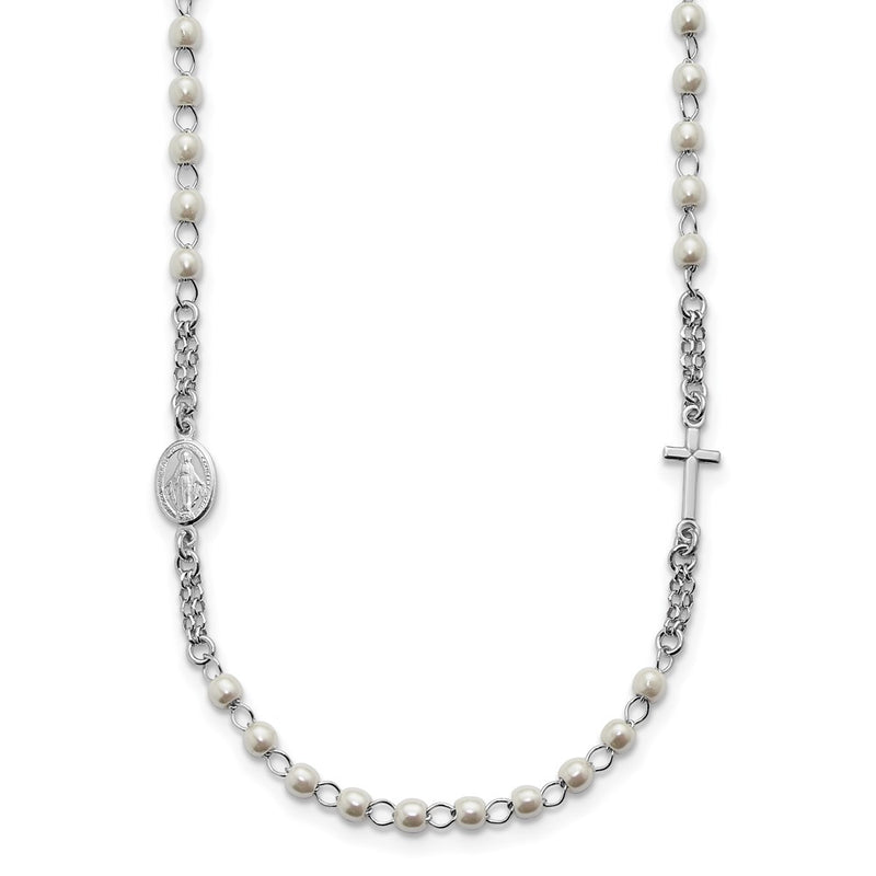 SS Rh-plat Plastic Imitation Pearl 19.75in w/1in ex. Rosary Themed Necklace