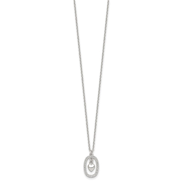 Sterling Silver Polished CZ Heart in Oval Necklace