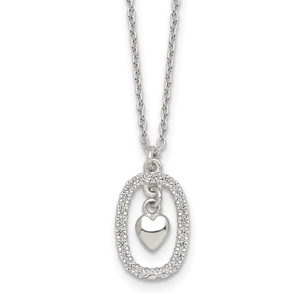 Sterling Silver Polished CZ Heart in Oval Necklace