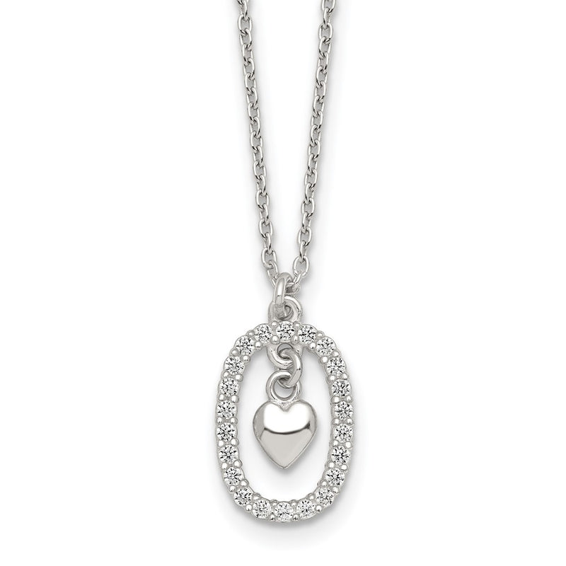 Sterling Silver Polished CZ Heart in Oval Necklace