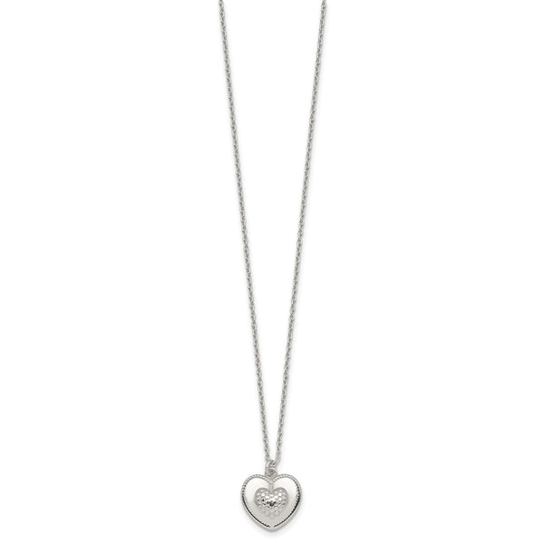 Sterling Silver Polished and Textured Heart w/ 2in Ext Necklace