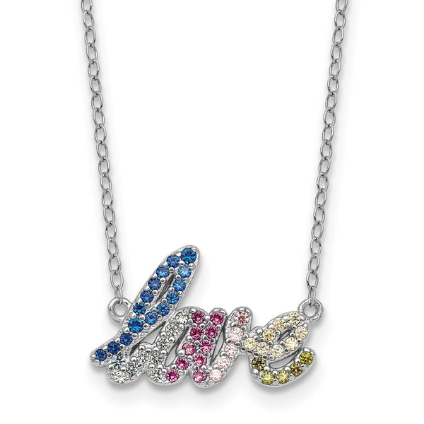 SS RH-pltd Polished Multicolor CZ LOVE 16in w/2in Ext Necklace