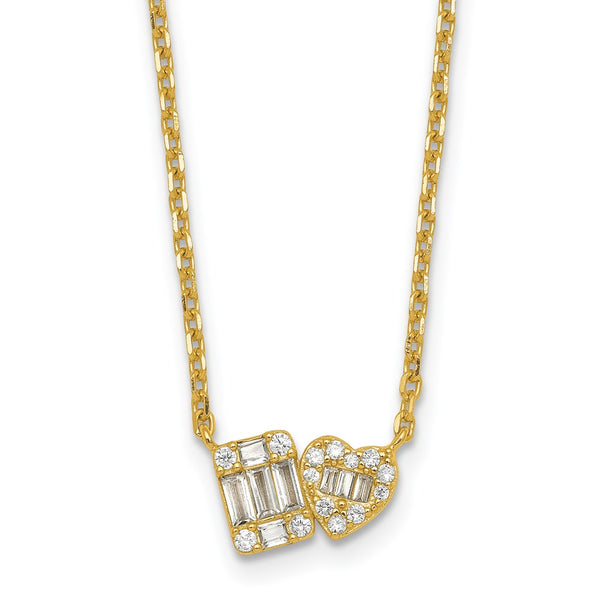 Sterling Silver Gold-tone Polished CZ Heart 16in w/2in Ext Necklace