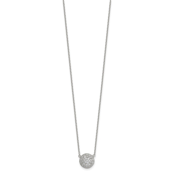 Sterling Silver Polished 11.0mm Pave CZ Circle 16in w/ 2in Ext Necklace