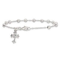 Sterling Silver Polished and Beaded CZ Cross Bracelet
