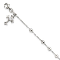 Sterling Silver Polished and Beaded CZ Cross Bracelet