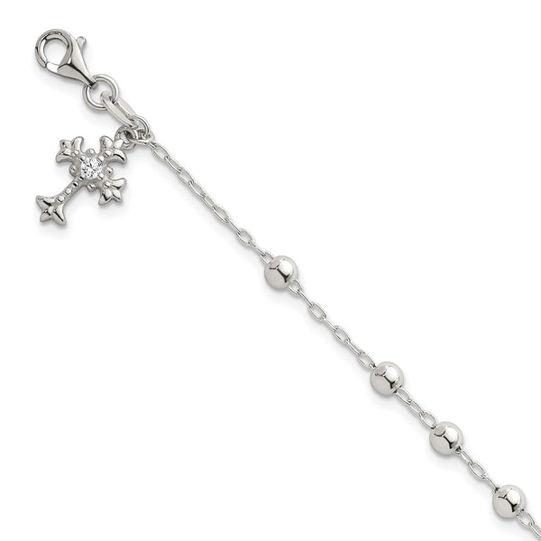 Sterling Silver Polished and Beaded CZ Cross Bracelet