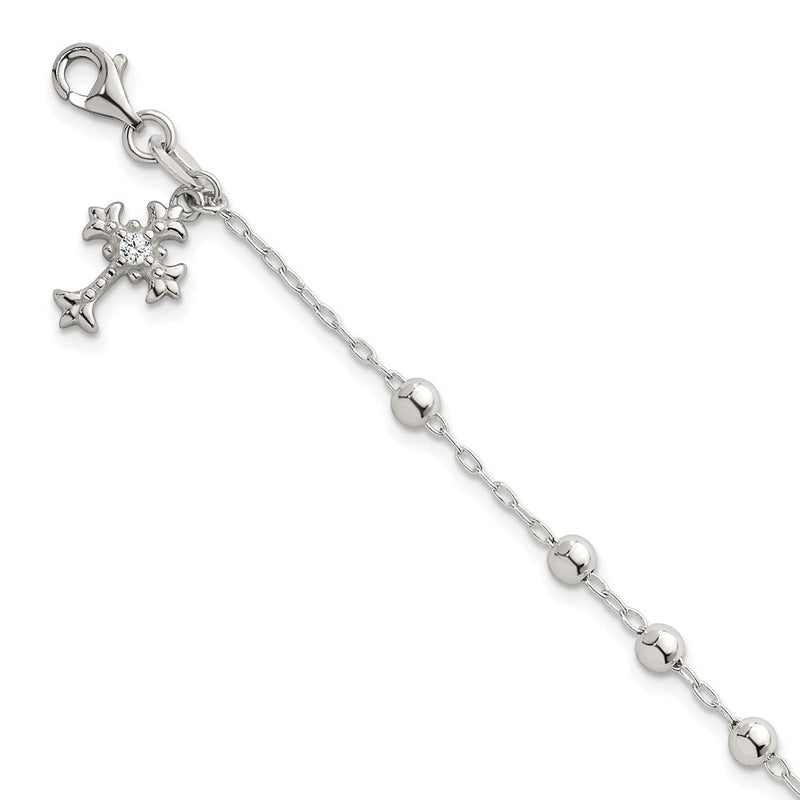 Sterling Silver Polished and Beaded CZ Cross Bracelet
