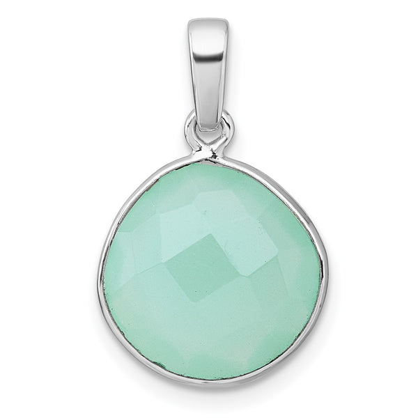 SS Rhodium-plated Polished Round Green Chalcedony Pendant