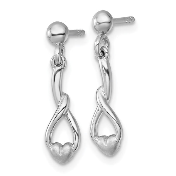 Sterling Silver Rh-plated Polished and Brushed Heart Drop Earrings