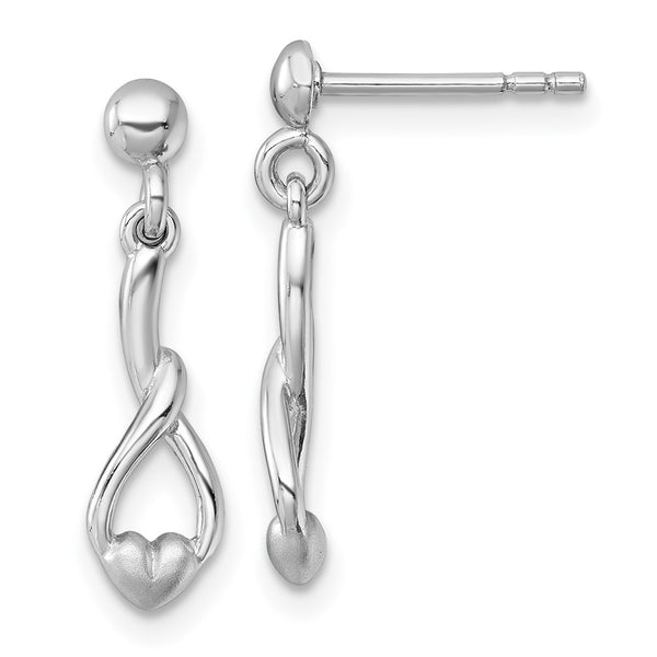 Sterling Silver Rh-plated Polished and Brushed Heart Drop Earrings