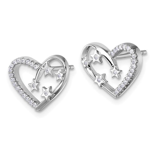 Sterling Silver Rhodium-plated CZ Heart with Stars Post Earrings