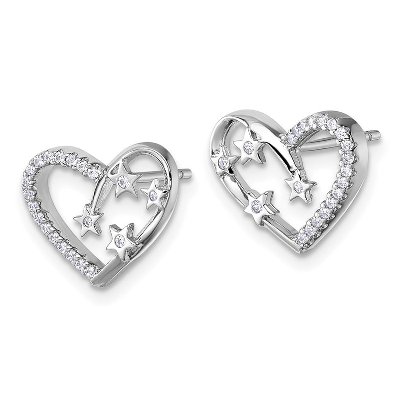 Sterling Silver Rhodium-plated CZ Heart with Stars Post Earrings