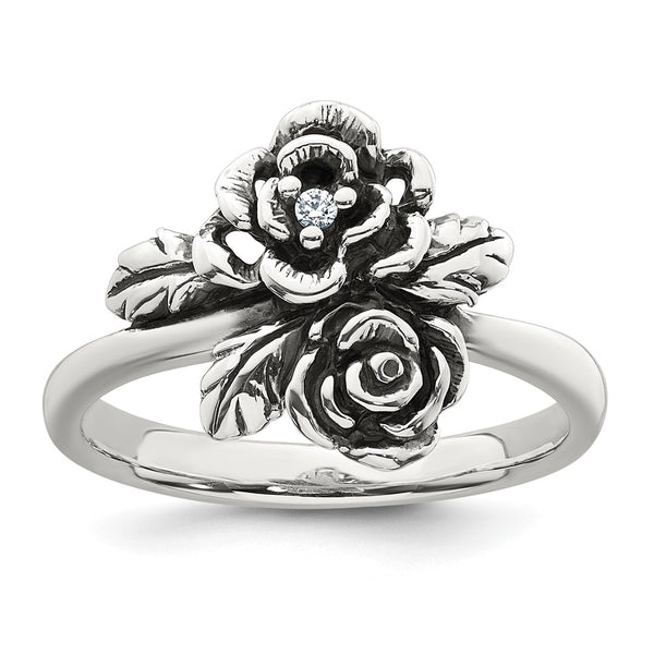 Sterling Silver Antiqued Polished CZ Flower Ring