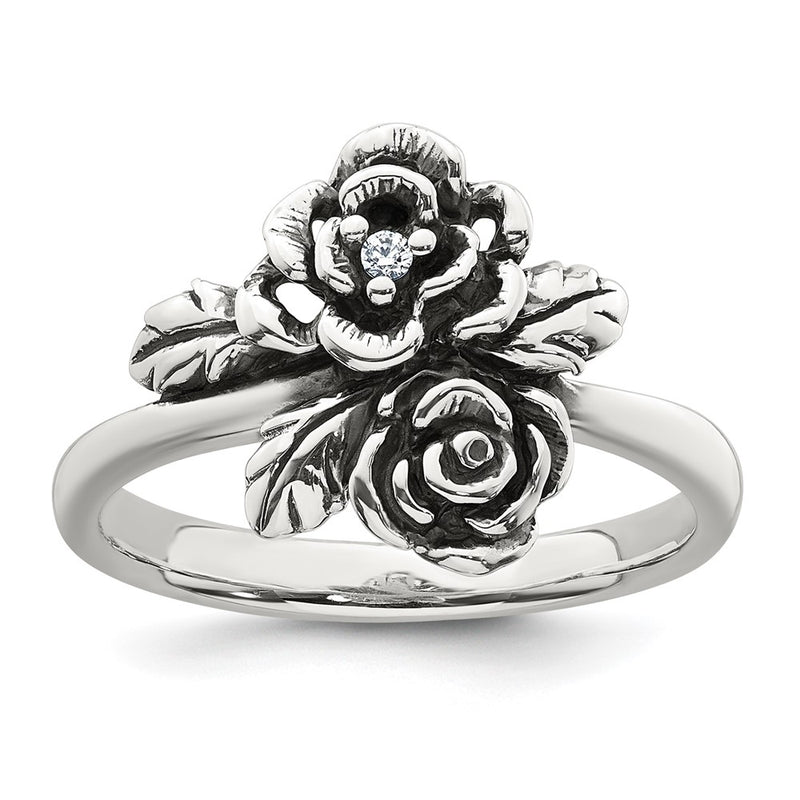 Sterling Silver Antiqued Polished CZ Flower Ring