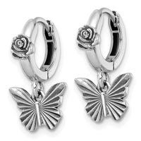 Sterling Silver Antiqued Butterfly With Flower Hoop Earrings