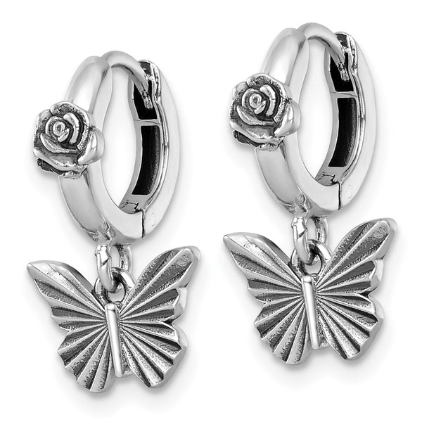 Sterling Silver Antiqued Butterfly With Flower Hoop Earrings