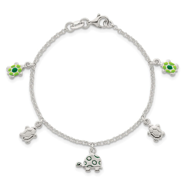 Sterling Silver Polished Enameled Turtles Children's Bracelet