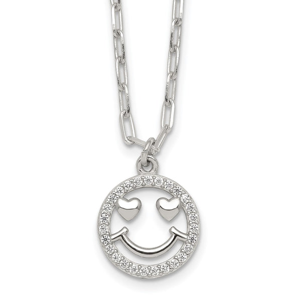 Sterling Silver Polished CZ Heart Eyes Smiley Face Necklace