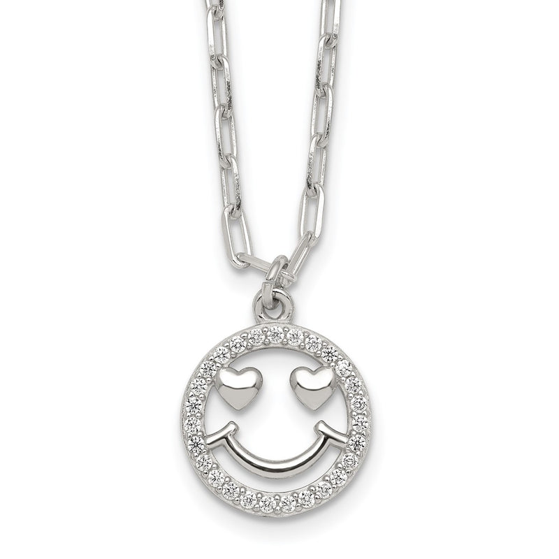 Sterling Silver Polished CZ Heart Eyes Smiley Face Necklace