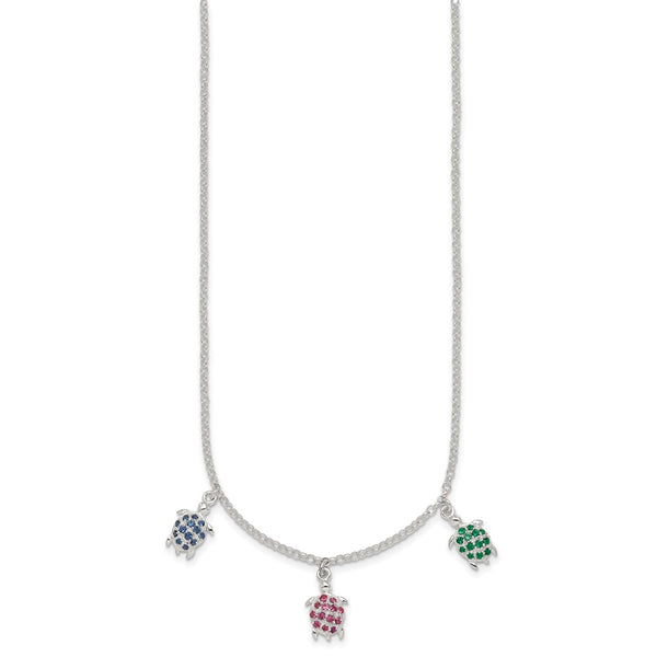 Sterling Silver Polished Green Red and Blue Nano Crystal Turtles Necklace