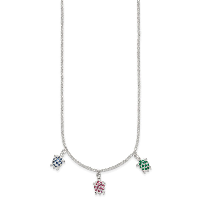 Sterling Silver Polished Green Red and Blue Nano Crystal Turtles Necklace