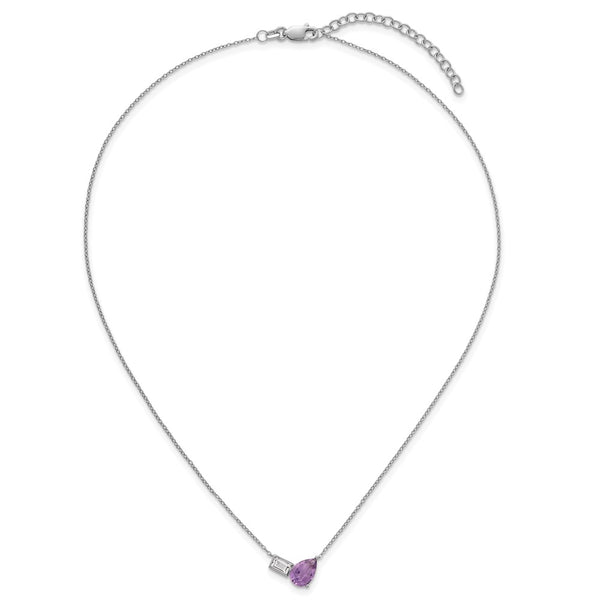 SS RH-pltd Amethyst and White Topaz Pear Rectangle 16in w/2in Ext Necklace