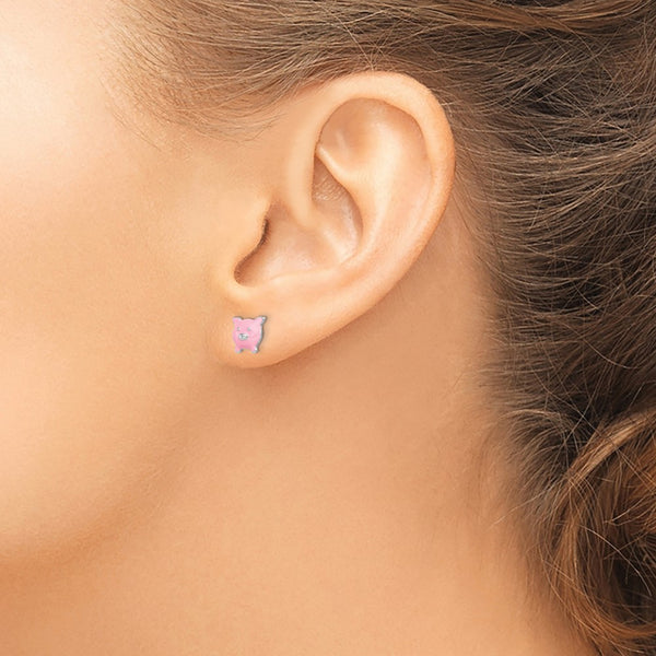 Sterling Silver Madi K RH-plated Enamel Pig Child's Post Earrings