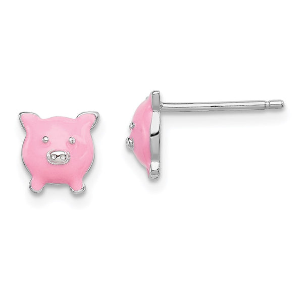 Sterling Silver Madi K RH-plated Enamel Pig Child's Post Earrings