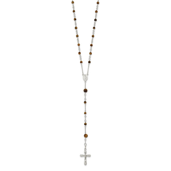 Sterling Silver Polished Tiger Eye Bead Rosary 33 inch Necklace