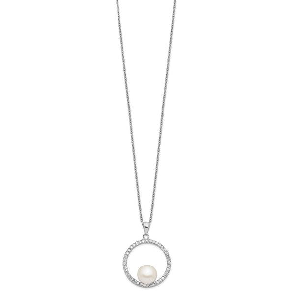 Sterling Silver Rhodium-plated 8-9mm White FWC Pearl and CZ Necklace
