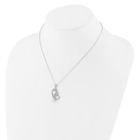 Sterling Silver RH-plated 6-7.5mm FWC Pearl/CZ Double Heart Necklace