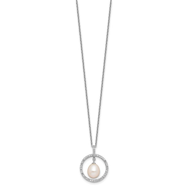 Sterling Silver RH-plated 8-9mm Teardrop FWC Pearl/CZ Circle 17in Necklace