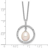 Sterling Silver RH-plated 8-9mm Teardrop FWC Pearl/CZ Circle 17in Necklace