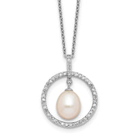 Sterling Silver RH-plated 8-9mm Teardrop FWC Pearl/CZ Circle 17in Necklace