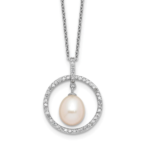 Sterling Silver RH-plated 8-9mm Teardrop FWC Pearl/CZ Circle 17in Necklace