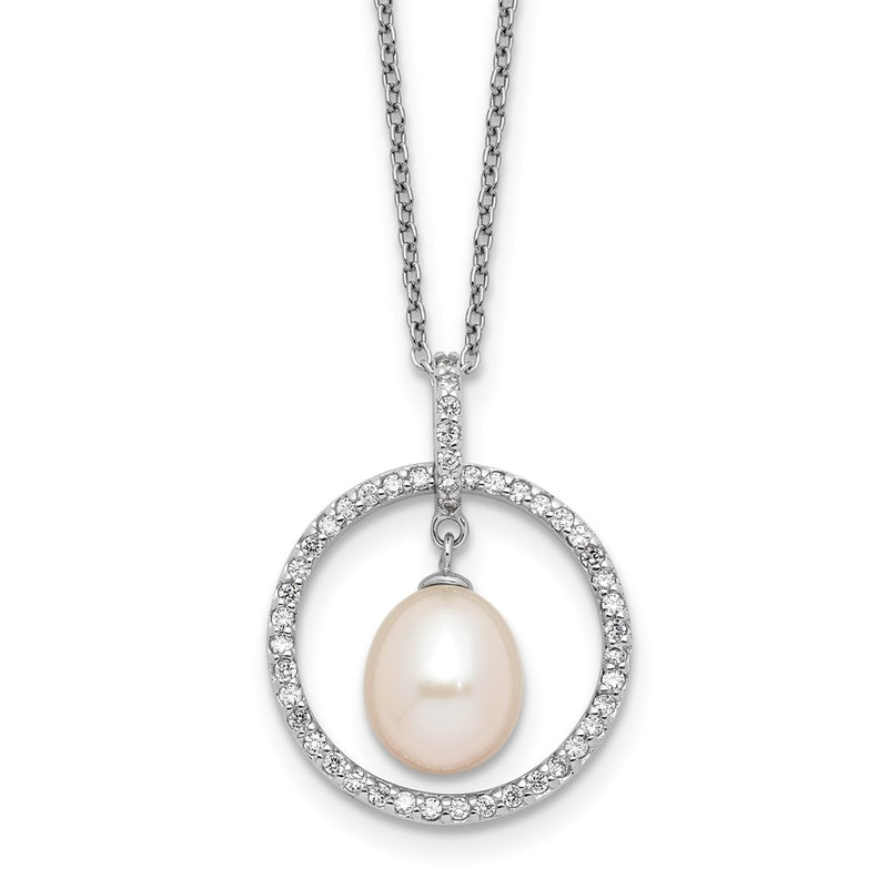 Sterling Silver RH-plated 8-9mm Teardrop FWC Pearl/CZ Circle 17in Necklace