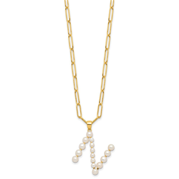 Sterling Silver Gold-plated 3-5.5mm FWC Pearl LETTER N 18in Necklace