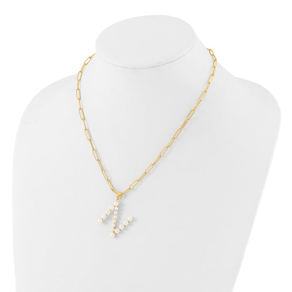 Sterling Silver Gold-plated 3-5.5mm FWC Pearl LETTER N 18in Necklace