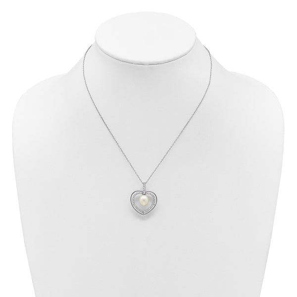 Sterling Silver Rhod 8-9mm FWC Pearl and CZ Heart 17in Necklace